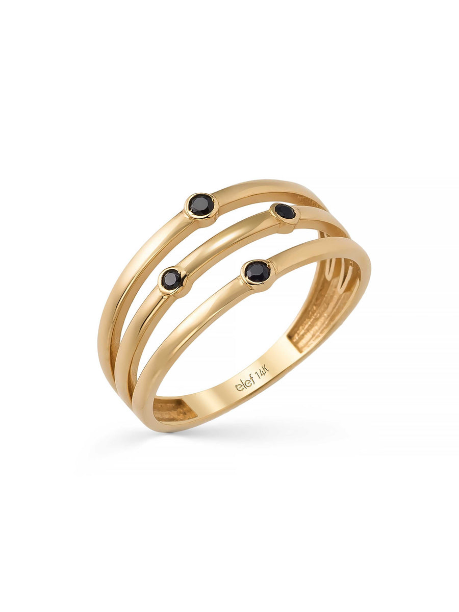 Black Stone Three Row Ring in 14K Gold