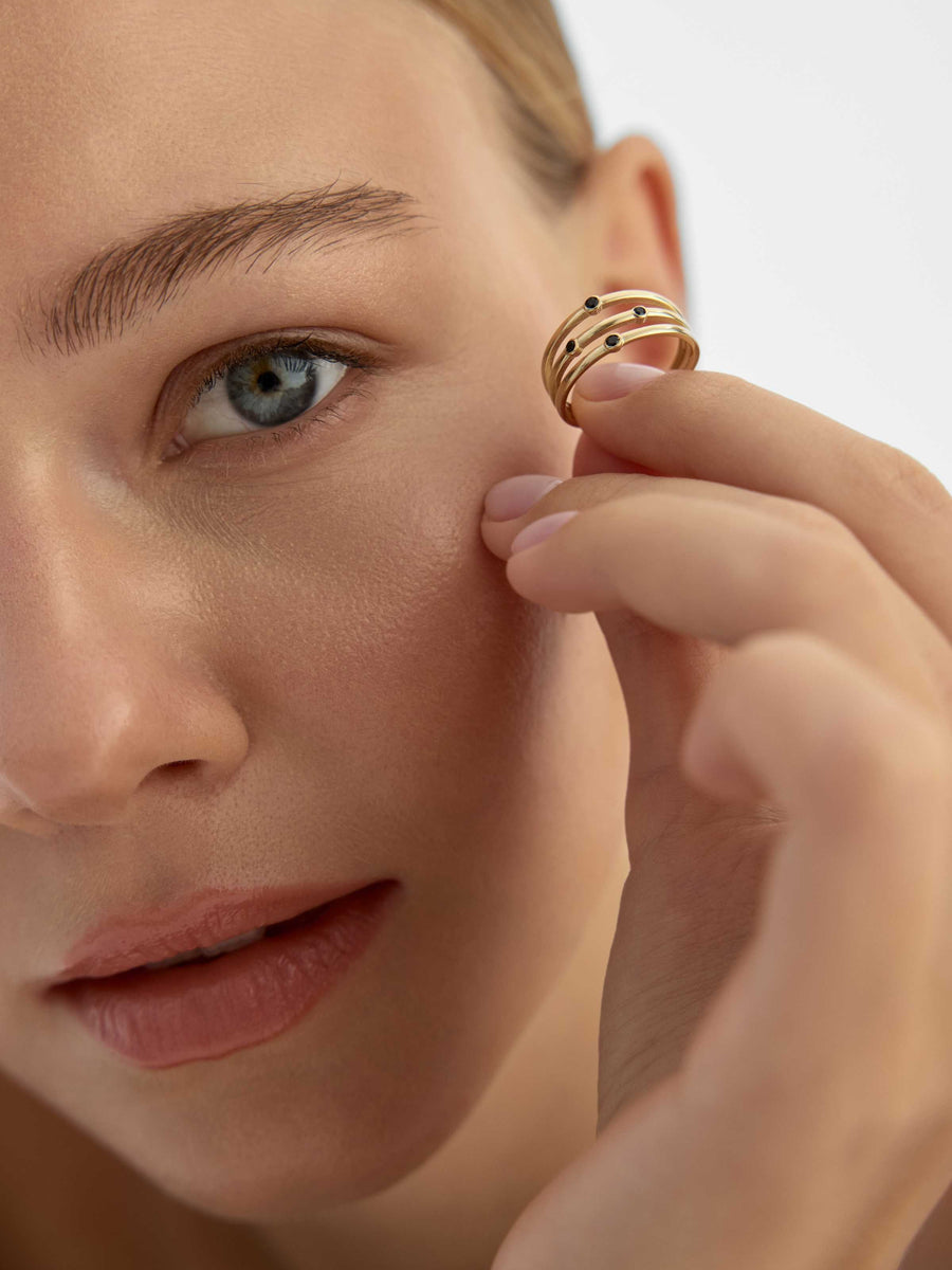Black Stone Three Row Ring in 14K Gold