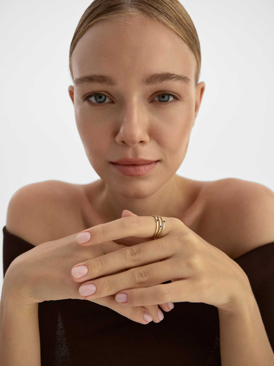 Black Stone Three Row Ring in 14K Gold