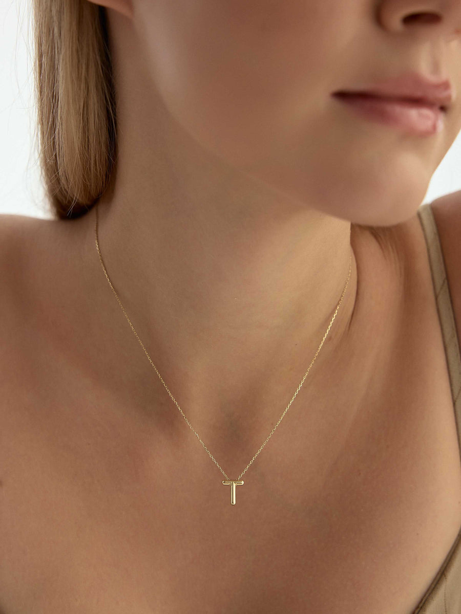 Letter T Classic Initial Necklace in 14K Gold