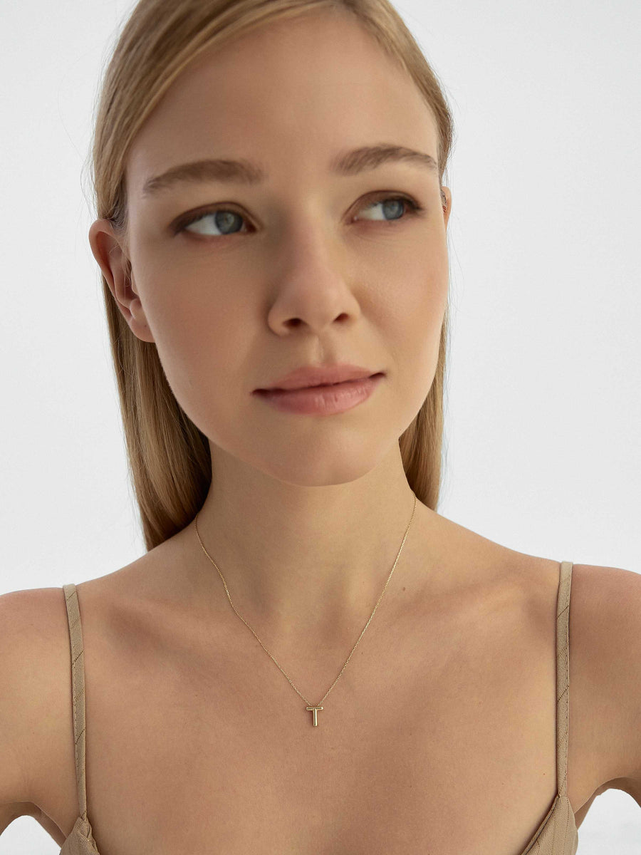 Letter T Classic Initial Necklace in 14K Gold