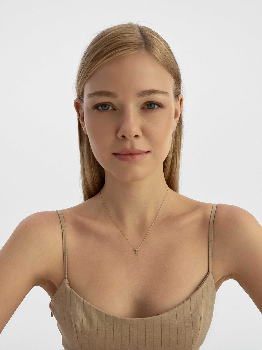 Letter T Classic Initial Necklace in 14K Gold