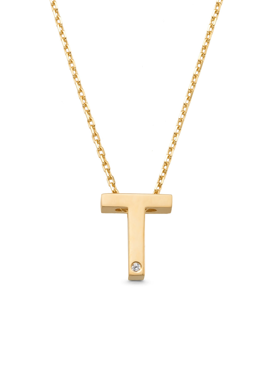 Letter T Stone Initial Necklace in 14K Gold