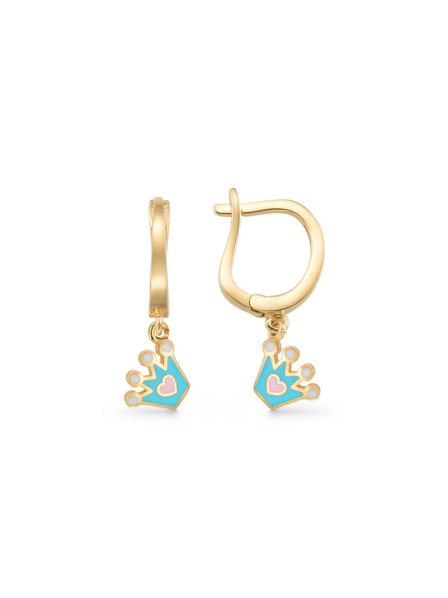 Crown Enamel Kids Hoop Earrings in 14K Gold