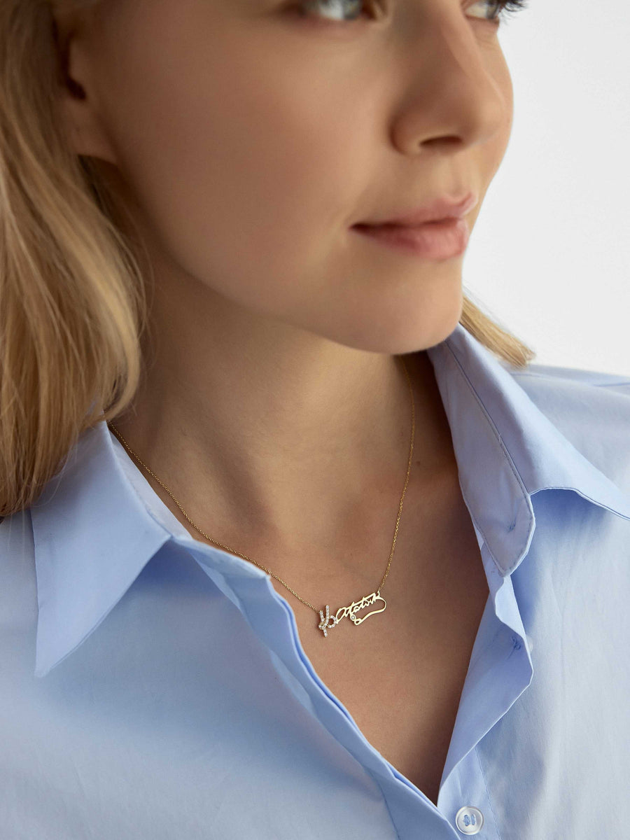 Stone Accents Mustafa Kemal Ataturk Signature Necklace in 14K Gold