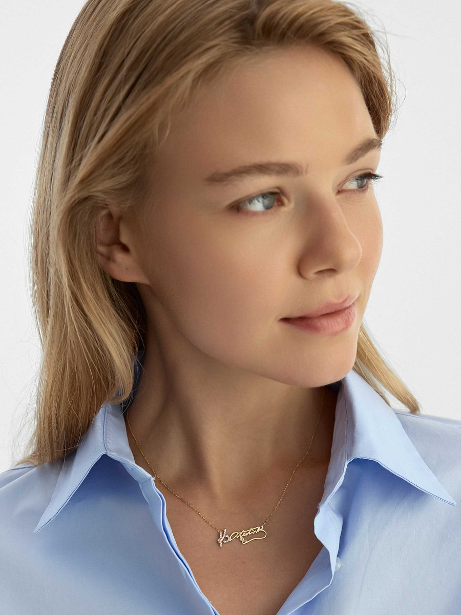 Stone Accents Mustafa Kemal Ataturk Signature Necklace in 14K Gold