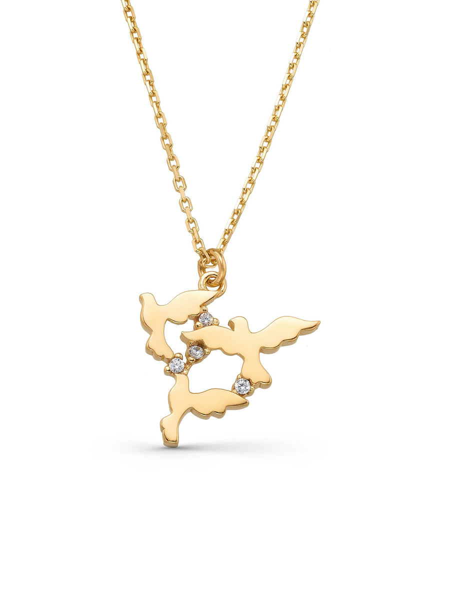 Stone Accents Flying Birds Necklace in 14K Gold