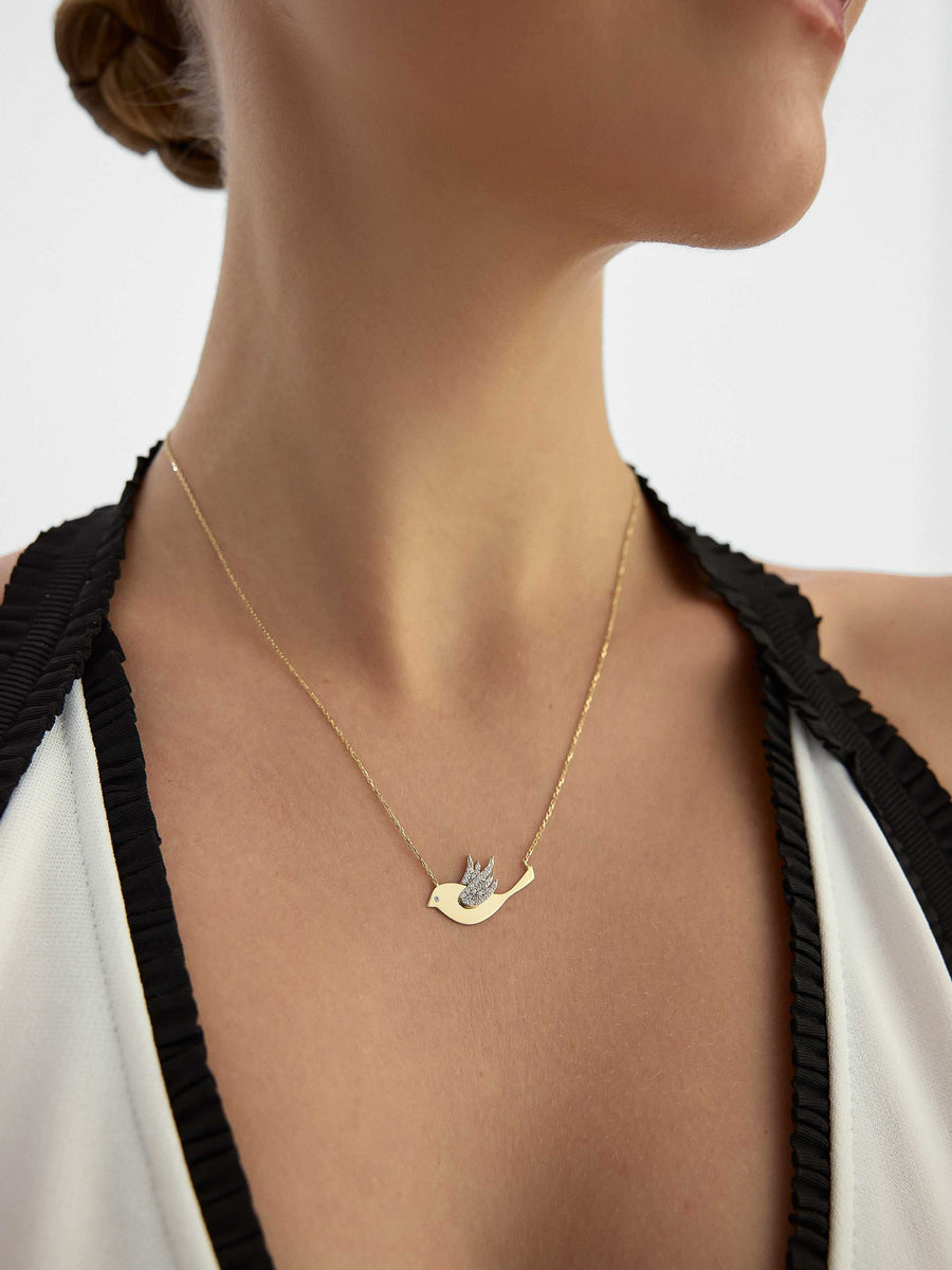 Stone Bird Necklace in 14K Gold