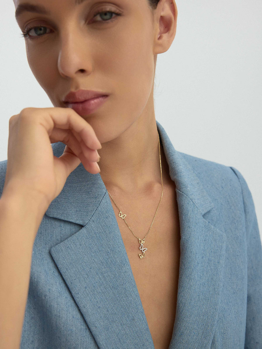 Stone Flying Butterflyler Necklace in 14K Gold