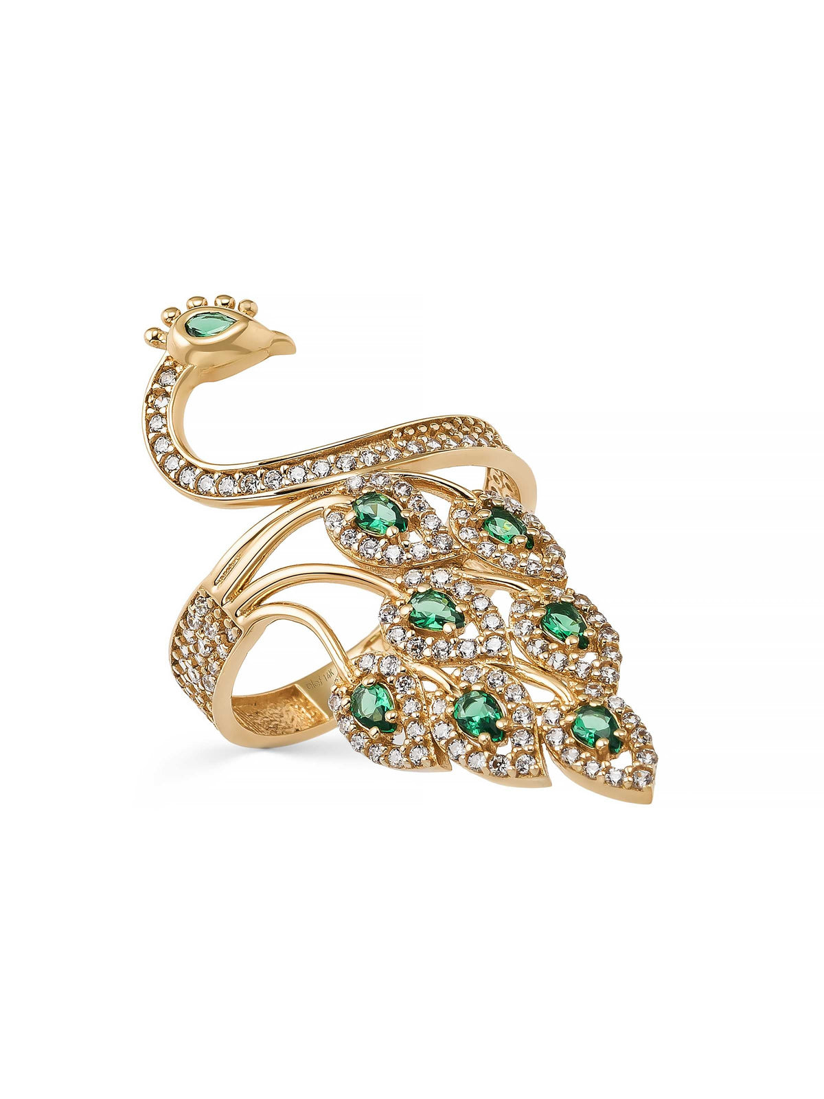 Tavus Bird Motif Emerald Green Stone Ring in 14K Gold by Elef Jewelry