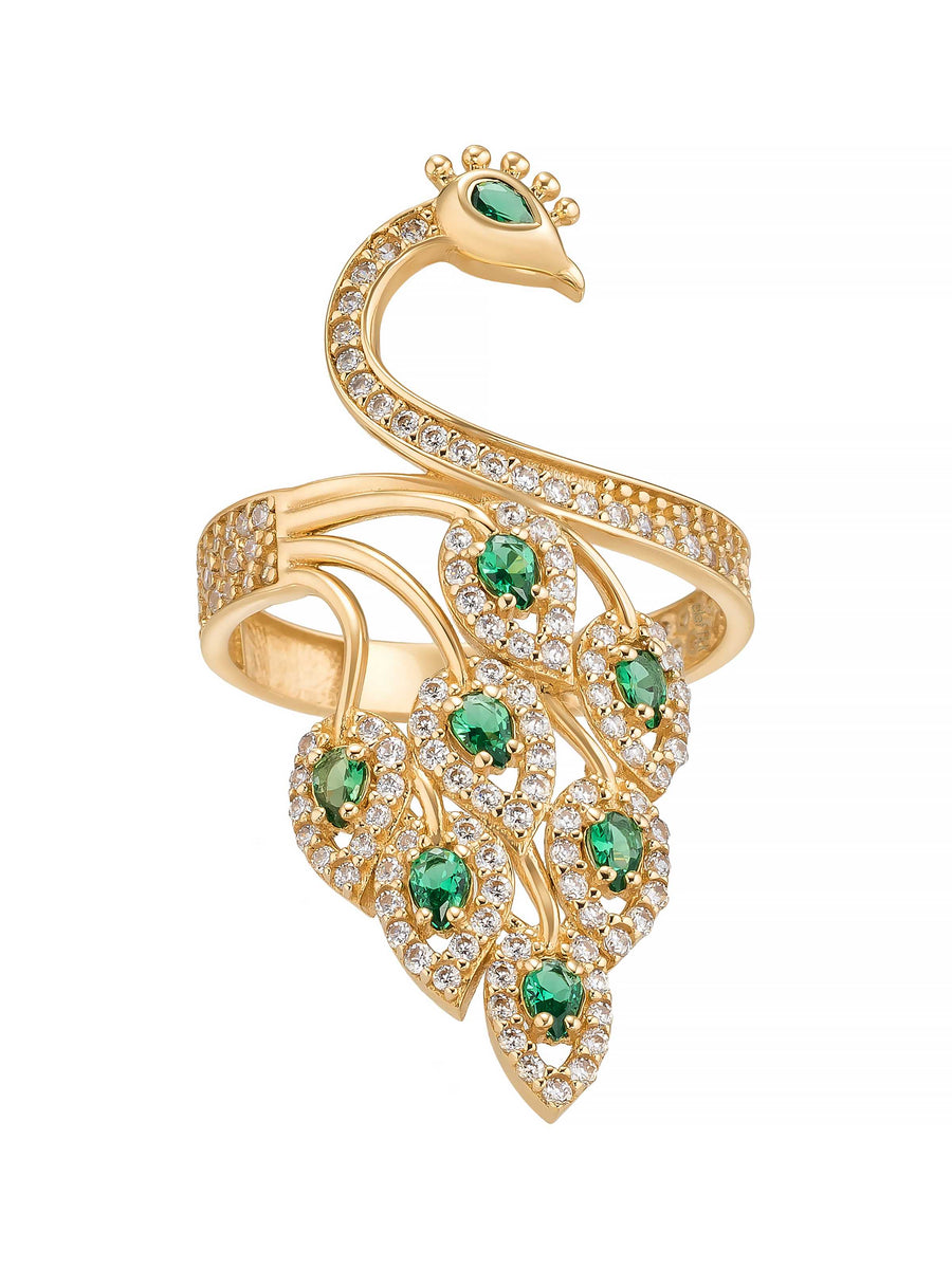 Tavus Bird Motif Emerald Green Stone Ring in 14K Gold