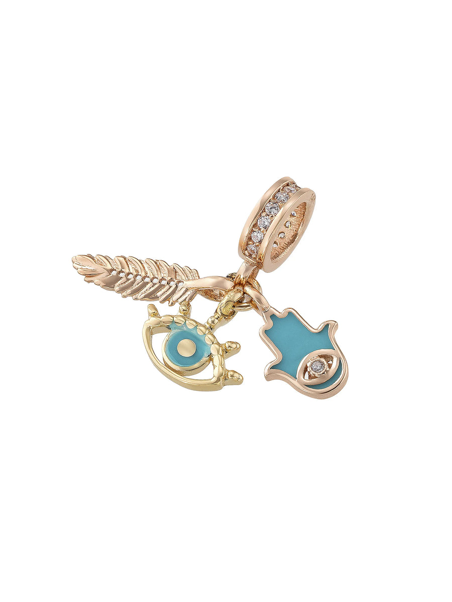 Turquoise Enamel Evil Eye, Hamsa Hand & Feather Stone Charm in 14K Gold