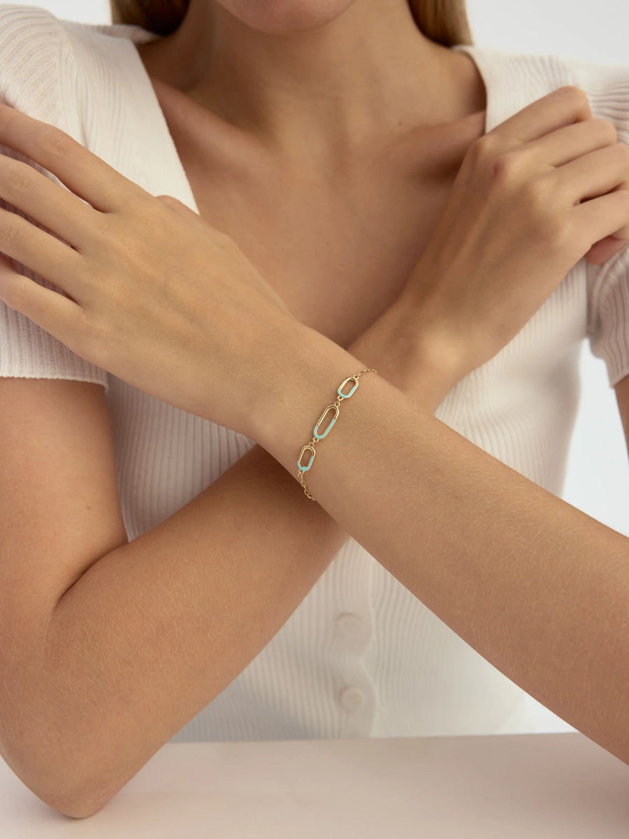 Turquoise Enamel Oval Ringed Bracelet in 14K Gold