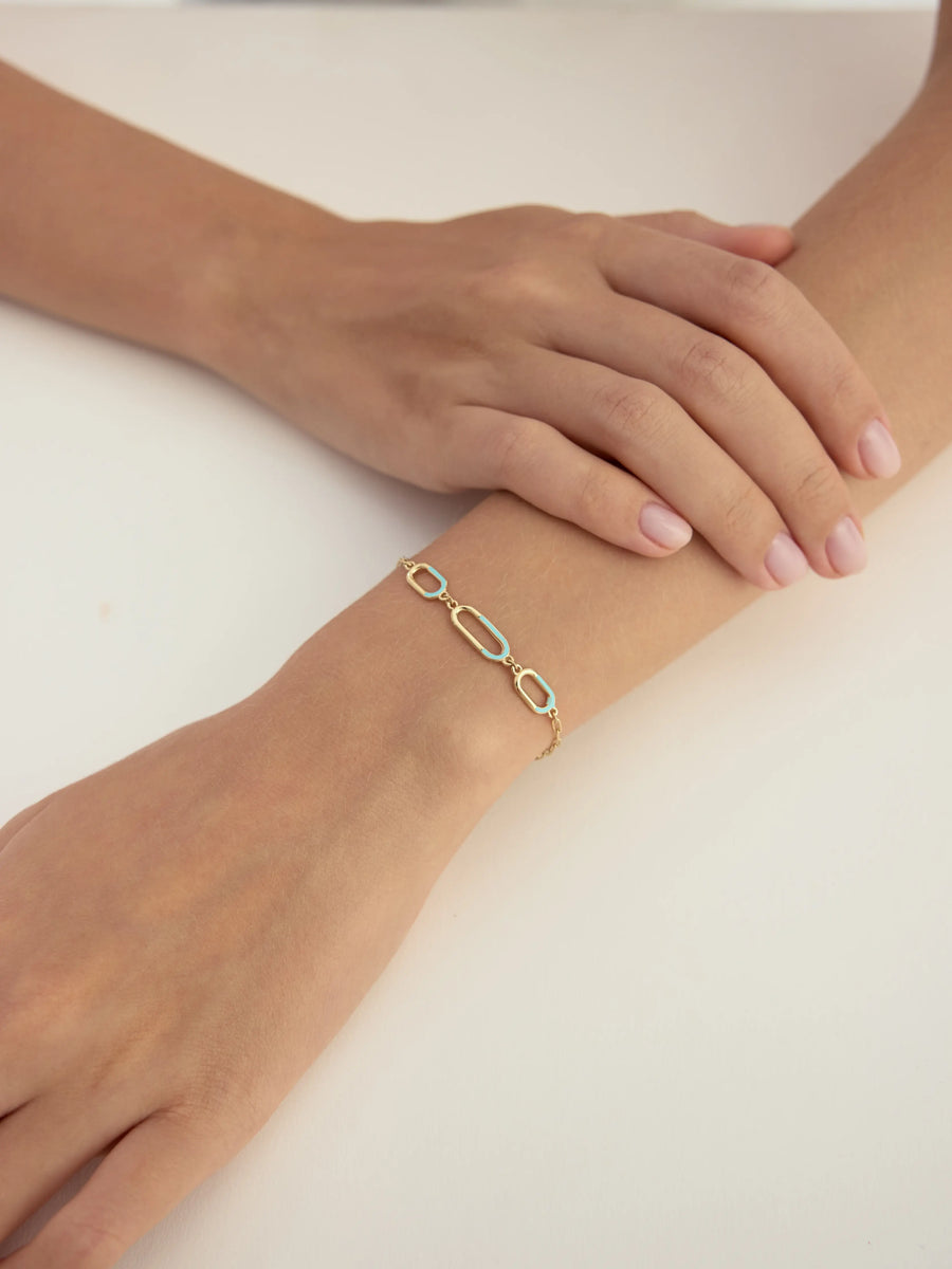 Turquoise Enamel Oval Ringed Bracelet in 14K Gold