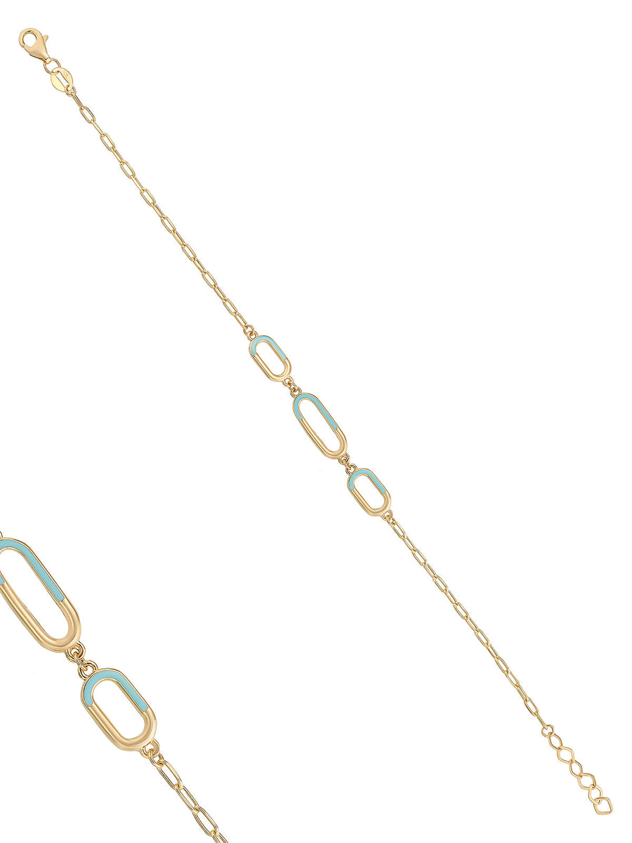Turquoise Enamel Oval Ringed Bracelet in 14K Gold