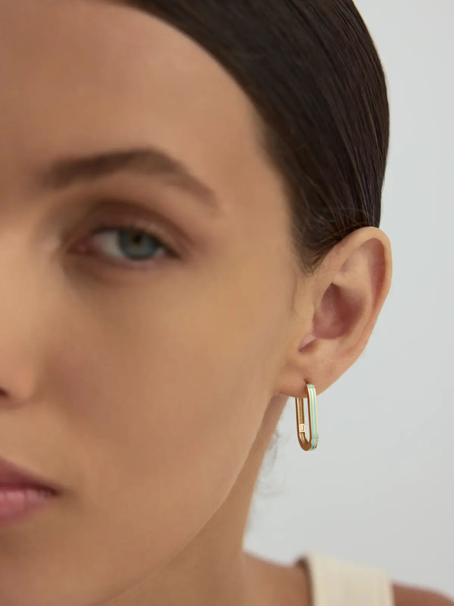 Turquoise Strip Oval Form Earrings in 14K Gold