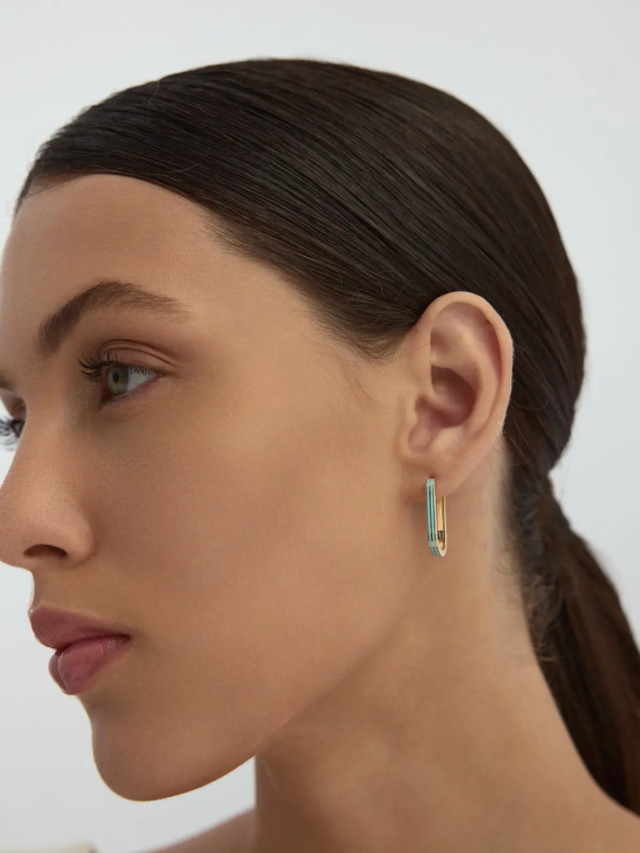 Turquoise Strip Oval Form Earrings in 14K Gold