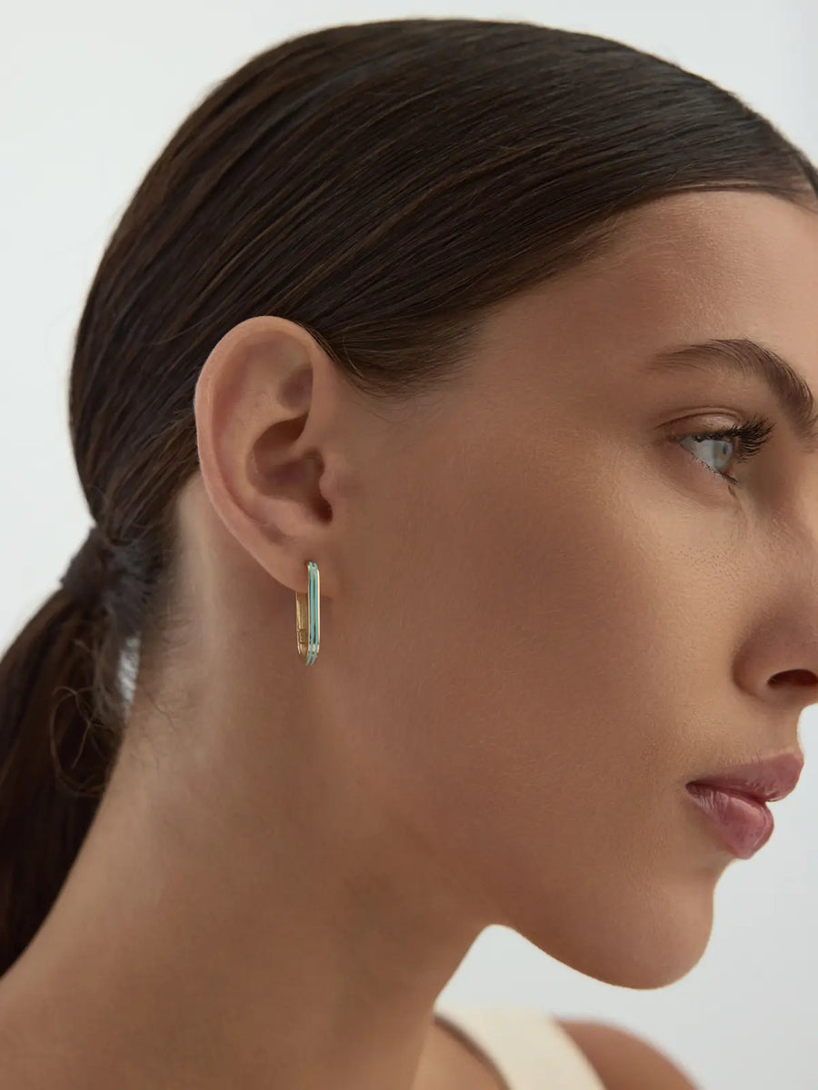 Turquoise Strip Oval Form Earrings in 14K Gold
