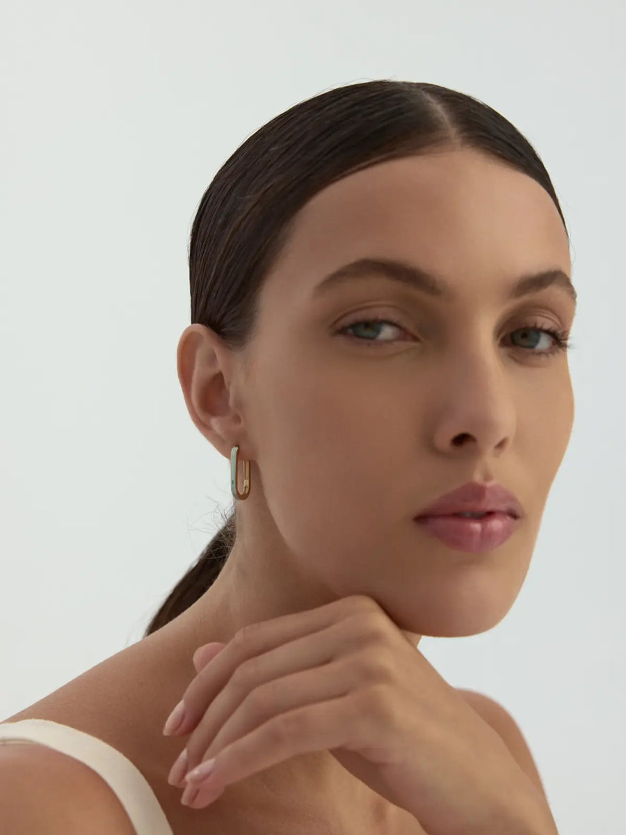Turquoise Strip Oval Form Earrings in 14K Gold
