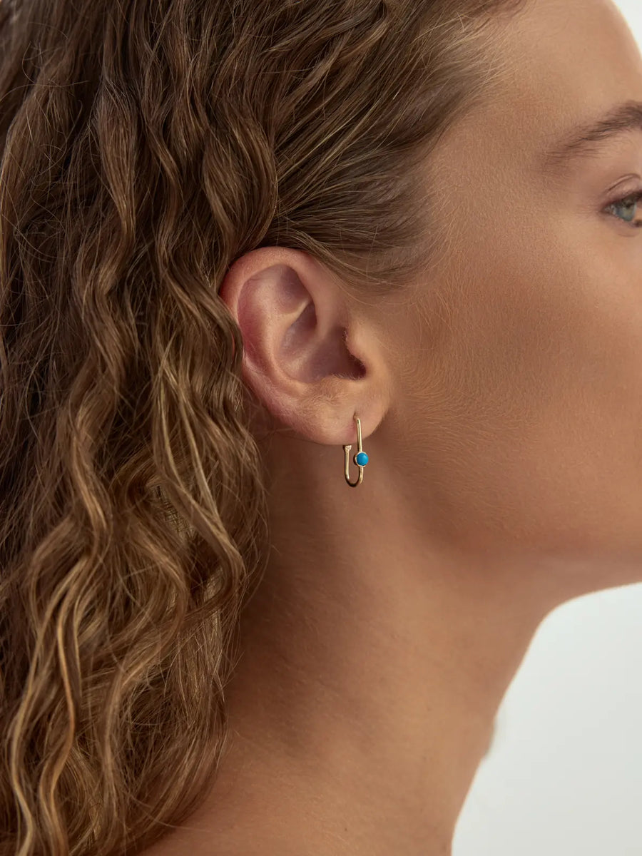 Turquoise Stone Accents Rectangular Hoop Earrings in 14K Gold