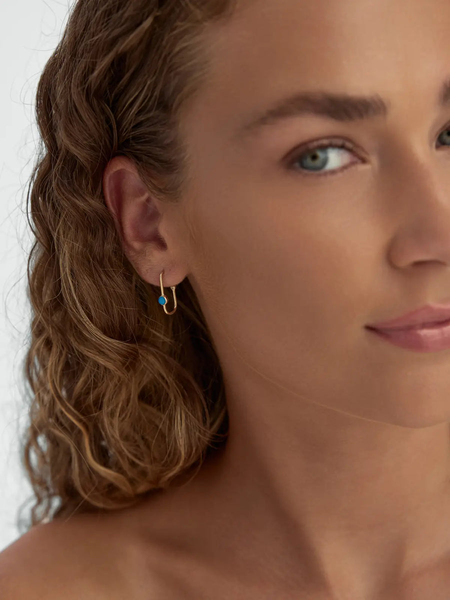 Turquoise Stone Accents Rectangular Hoop Earrings in 14K Gold