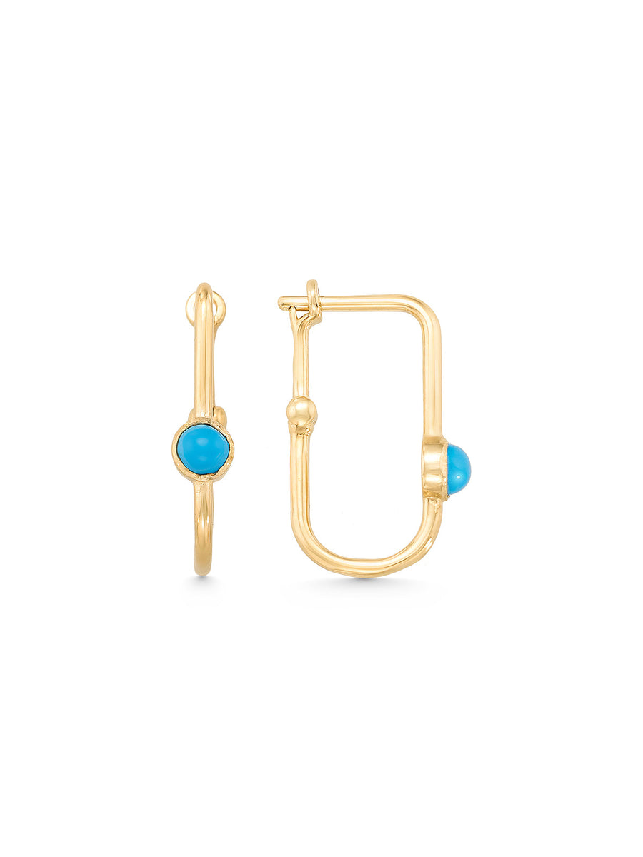 Turquoise Stone Accents Rectangular Hoop Earrings in 14K Gold