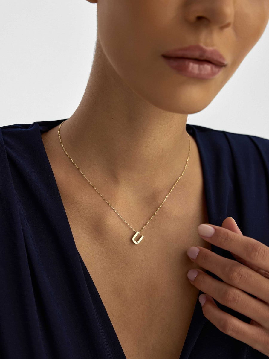 Letter U Stone Initial Necklace in 14K Gold