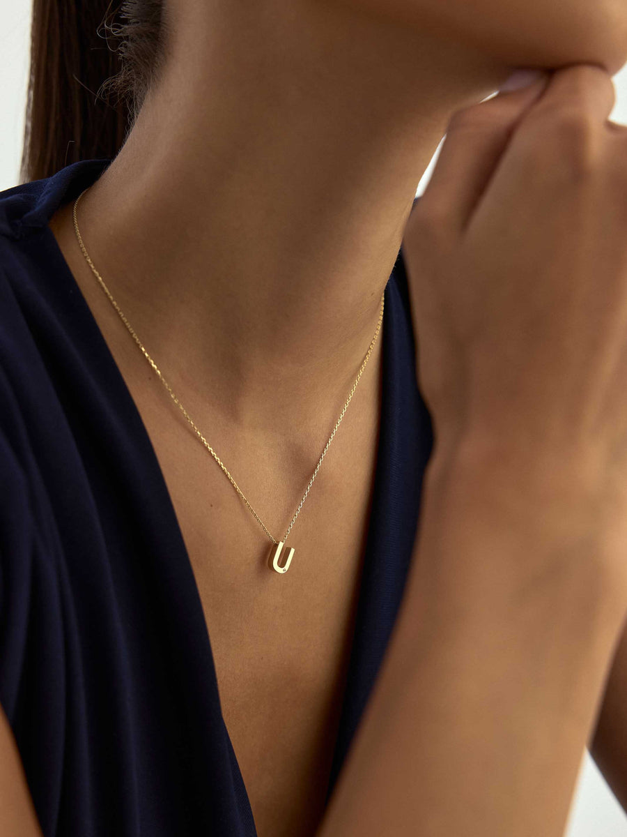 Letter U Stone Initial Necklace in 14K Gold