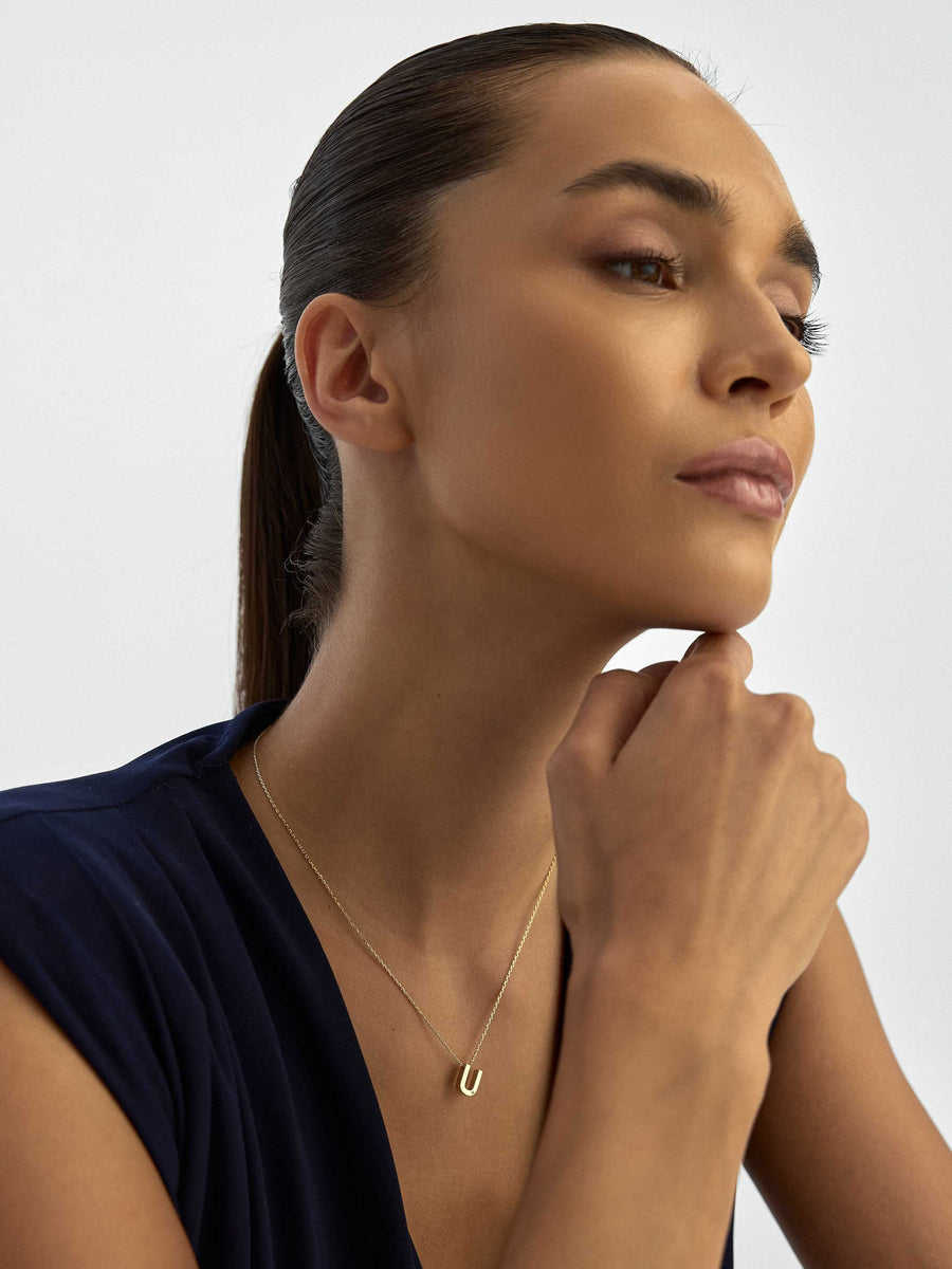 Letter U Stone Initial Necklace in 14K Gold