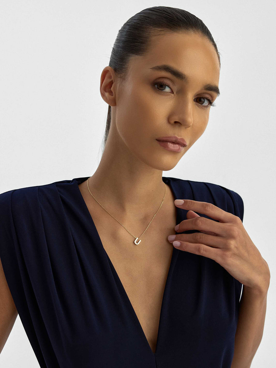 Letter U Stone Initial Necklace in 14K Gold