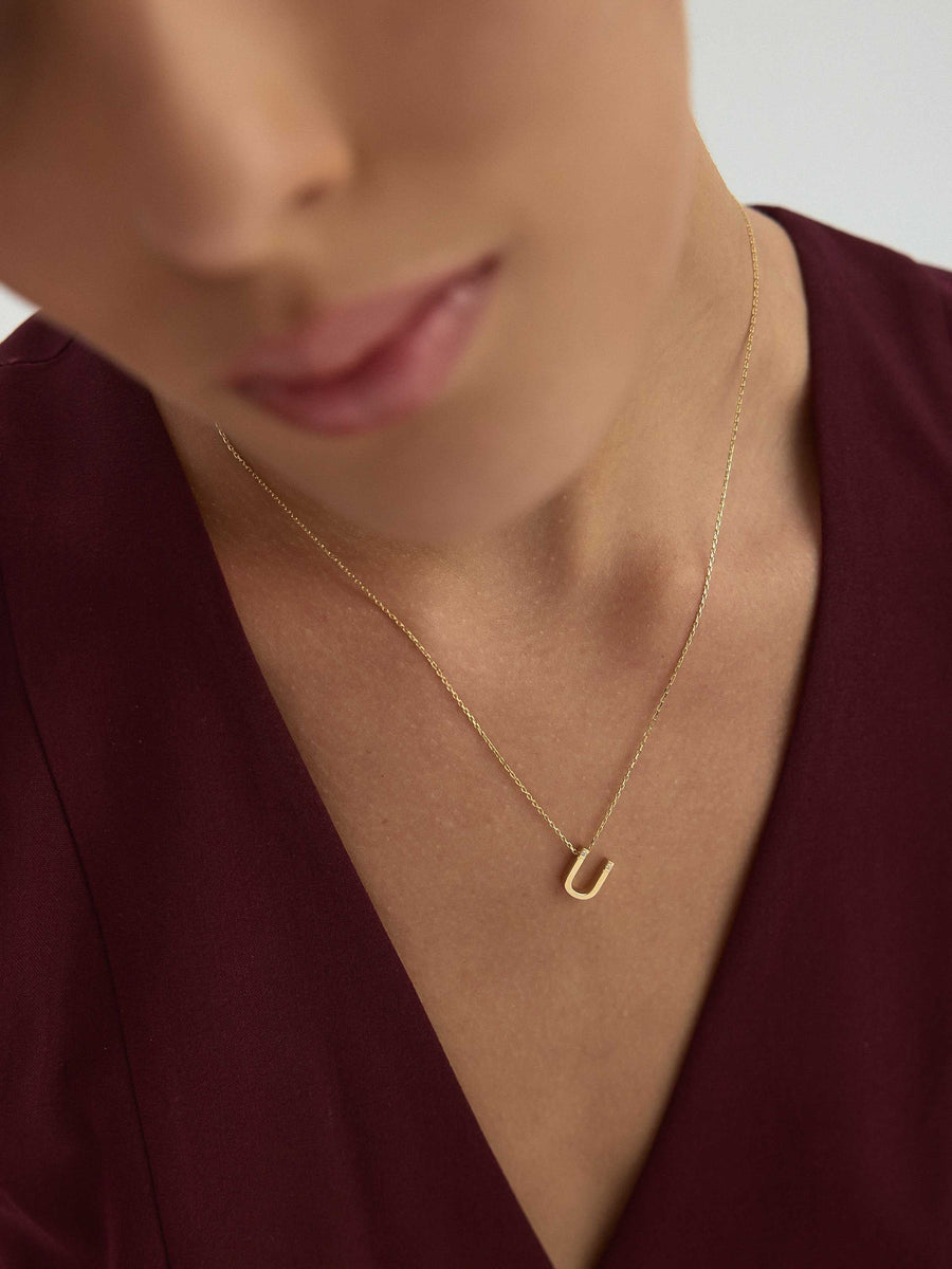 Letter U Stone Initial Necklace in 14K Gold