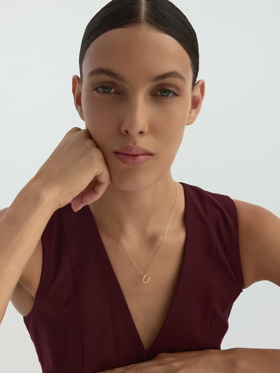 Letter U Stone Initial Necklace in 14K Gold