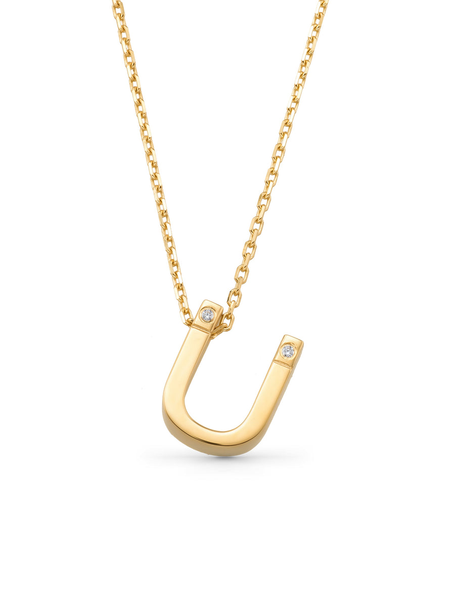 Letter U Stone Initial Necklace in 14K Gold