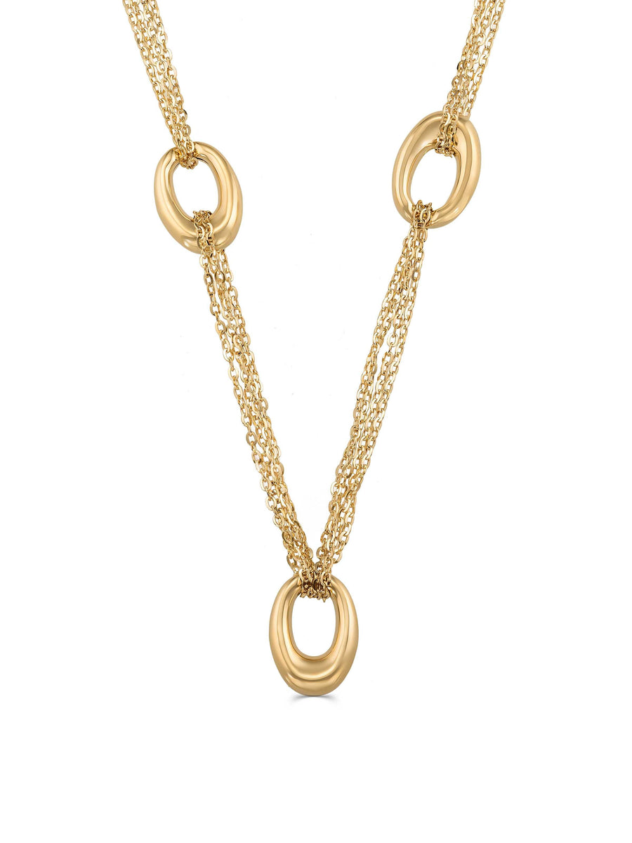 14K Gold Three Oval Ringed Multicolor Chain Necklace