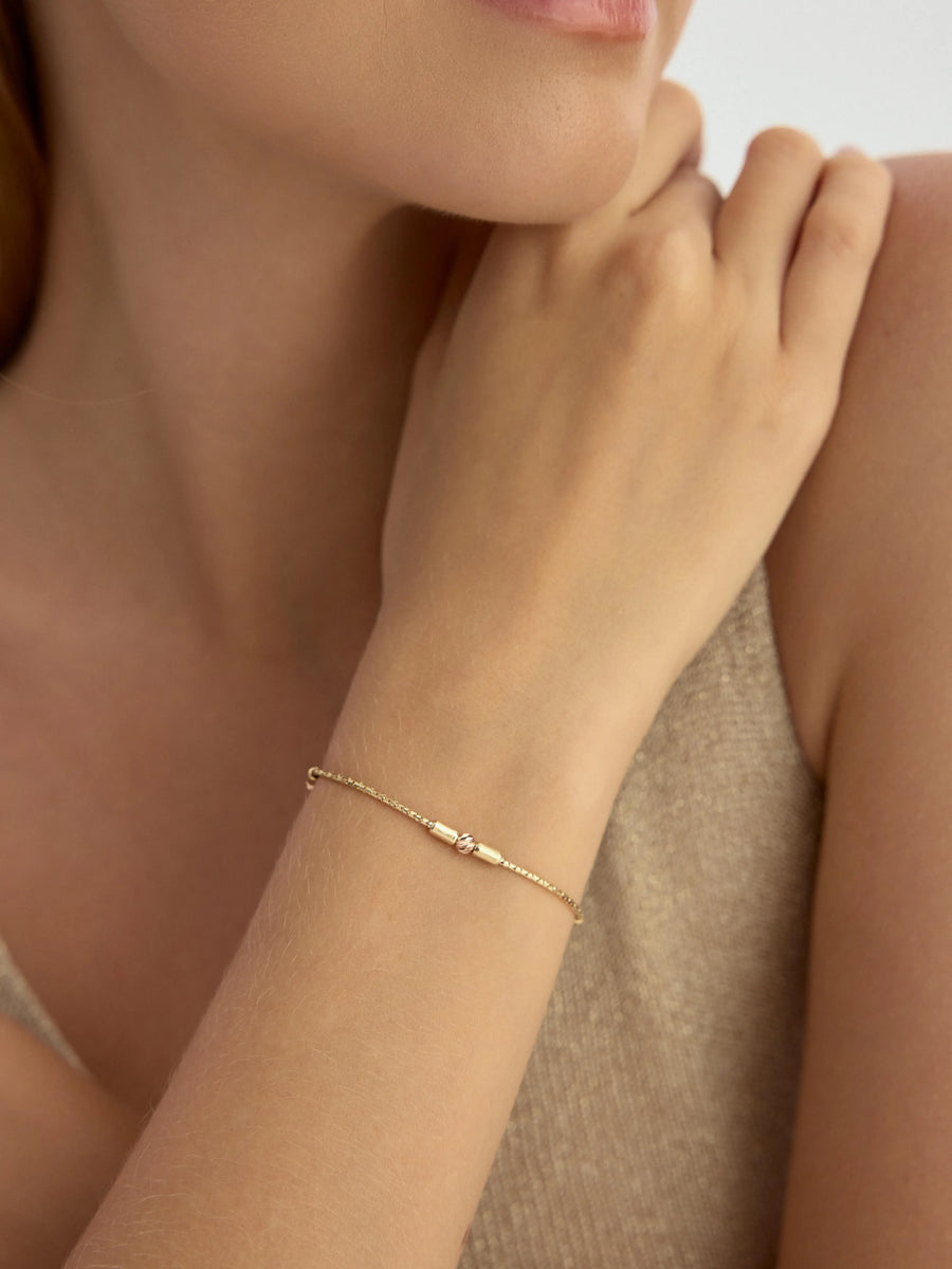Three Piece Cylinder & Dorika Bead Bracelet in 14K Gold