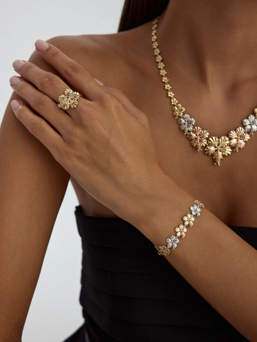 Tri-Color Flower Form Bracelet in 14K Gold