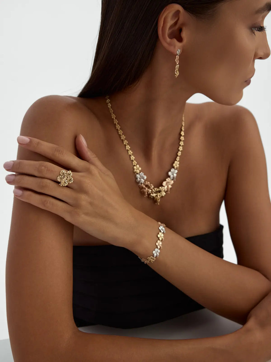 Tri-Color Flower Form Bracelet in 14K Gold