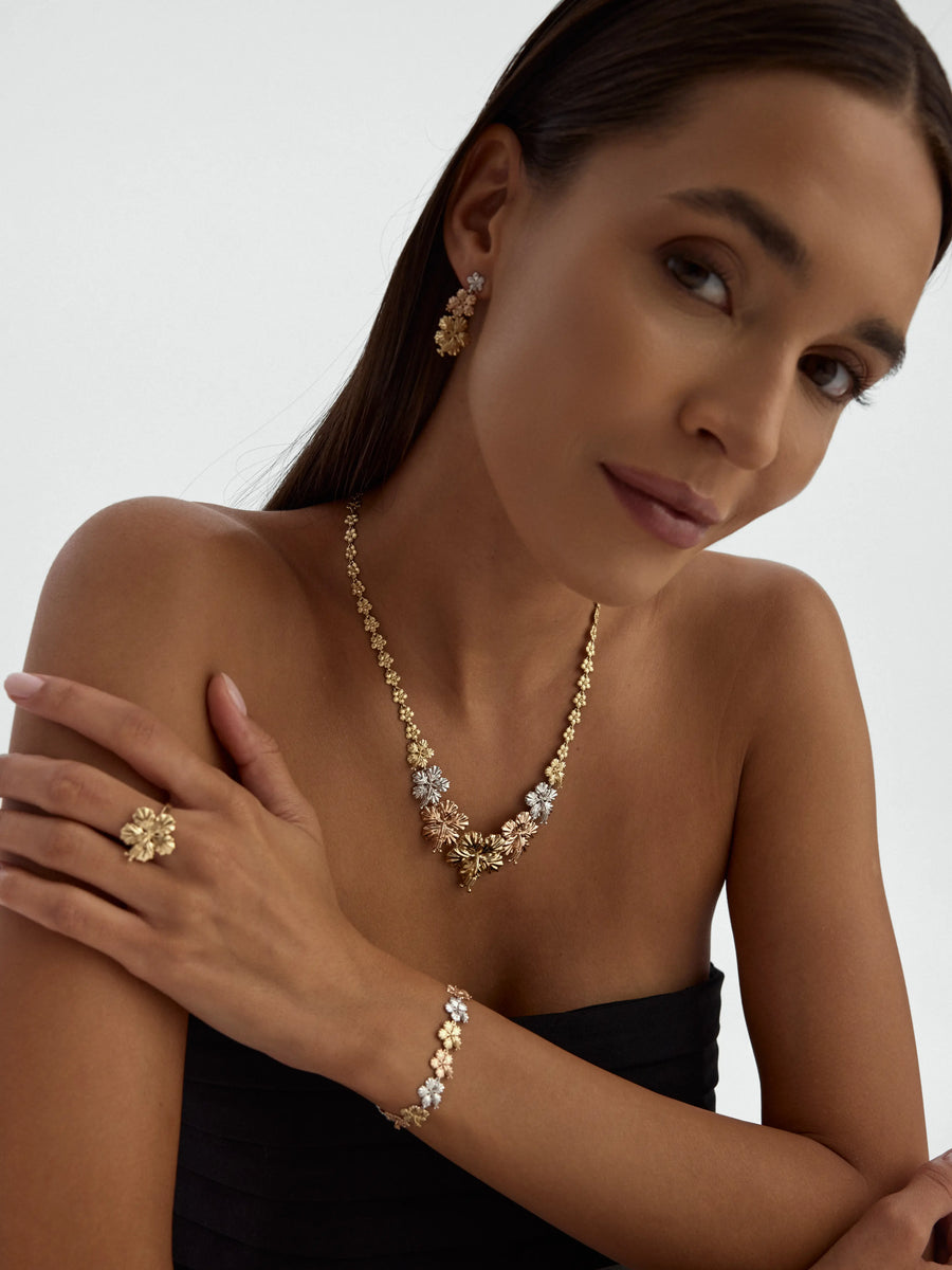 Tri-Color Flower Form Bracelet in 14K Gold
