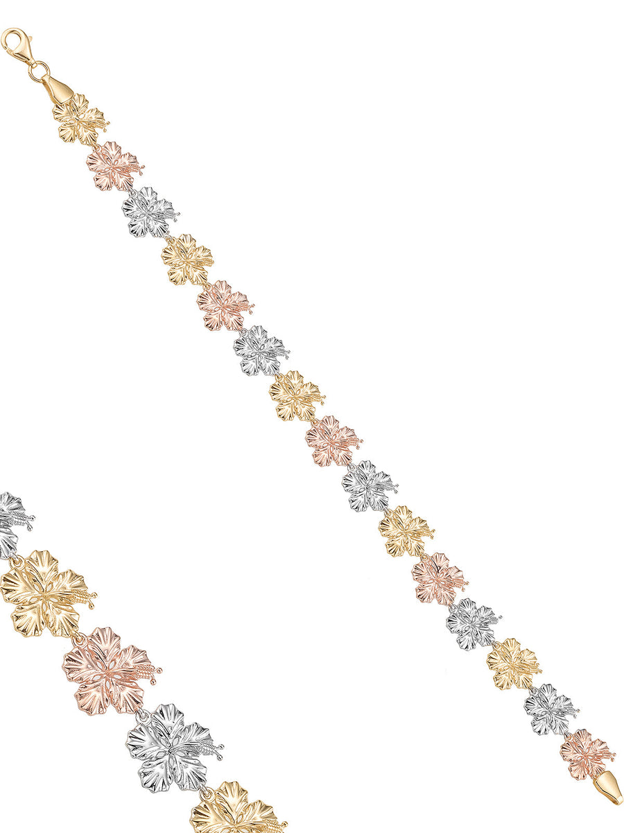 Tri-Color Flower Form Bracelet in 14K Gold