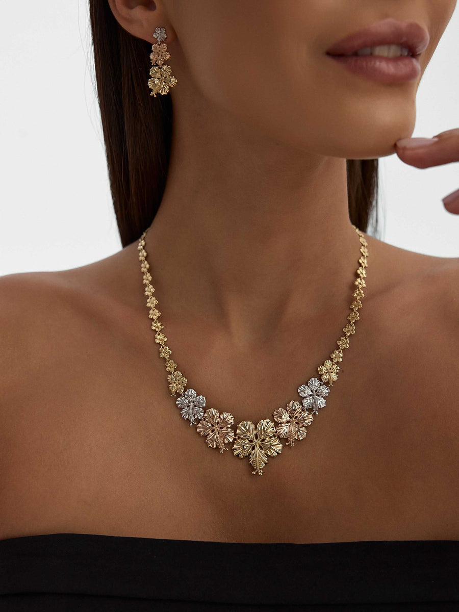 Tri-Color Flower Motif Sparkling Necklace in 14K Gold