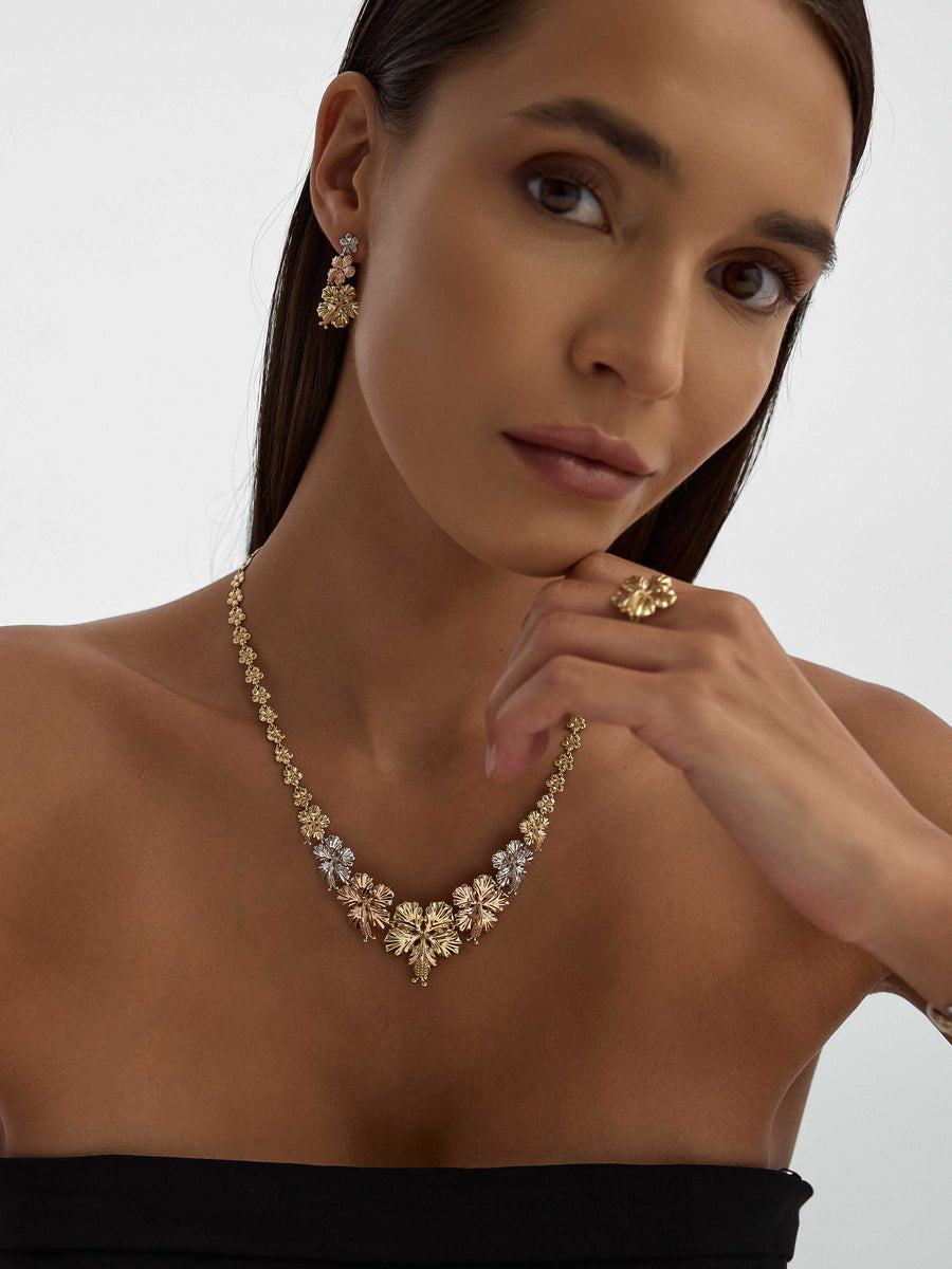 Tri-Color Flower Motif Sparkling Necklace in 14K Gold