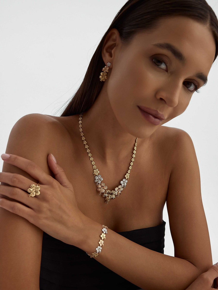 Tri-Color Flower Motif Sparkling Necklace in 14K Gold