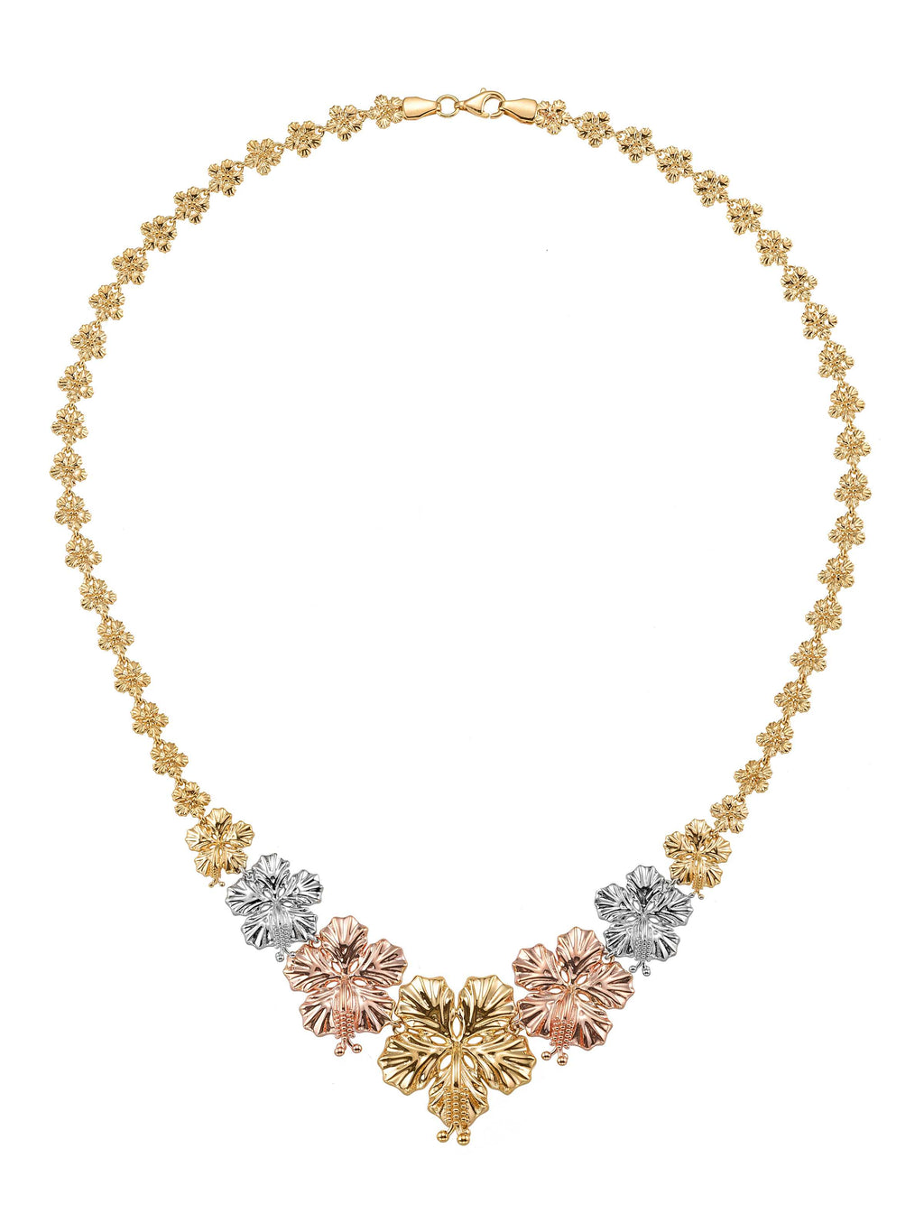 Tri-Color Flower Motif Sparkling Necklace in 14K Gold by Elef Jewelry
