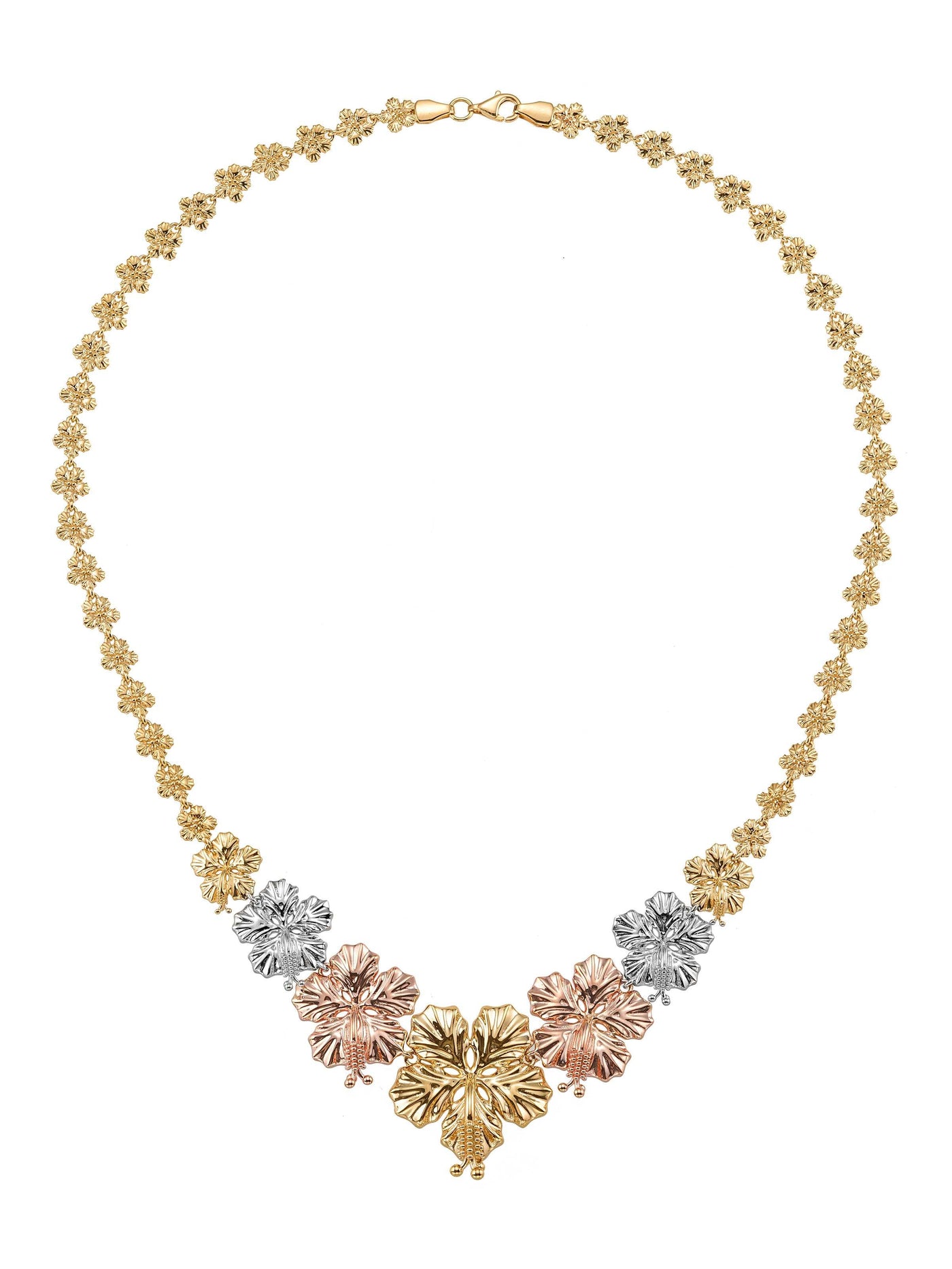 Tri-Color Flower Motif Sparkling Necklace in 14K Gold by Elef Jewelry