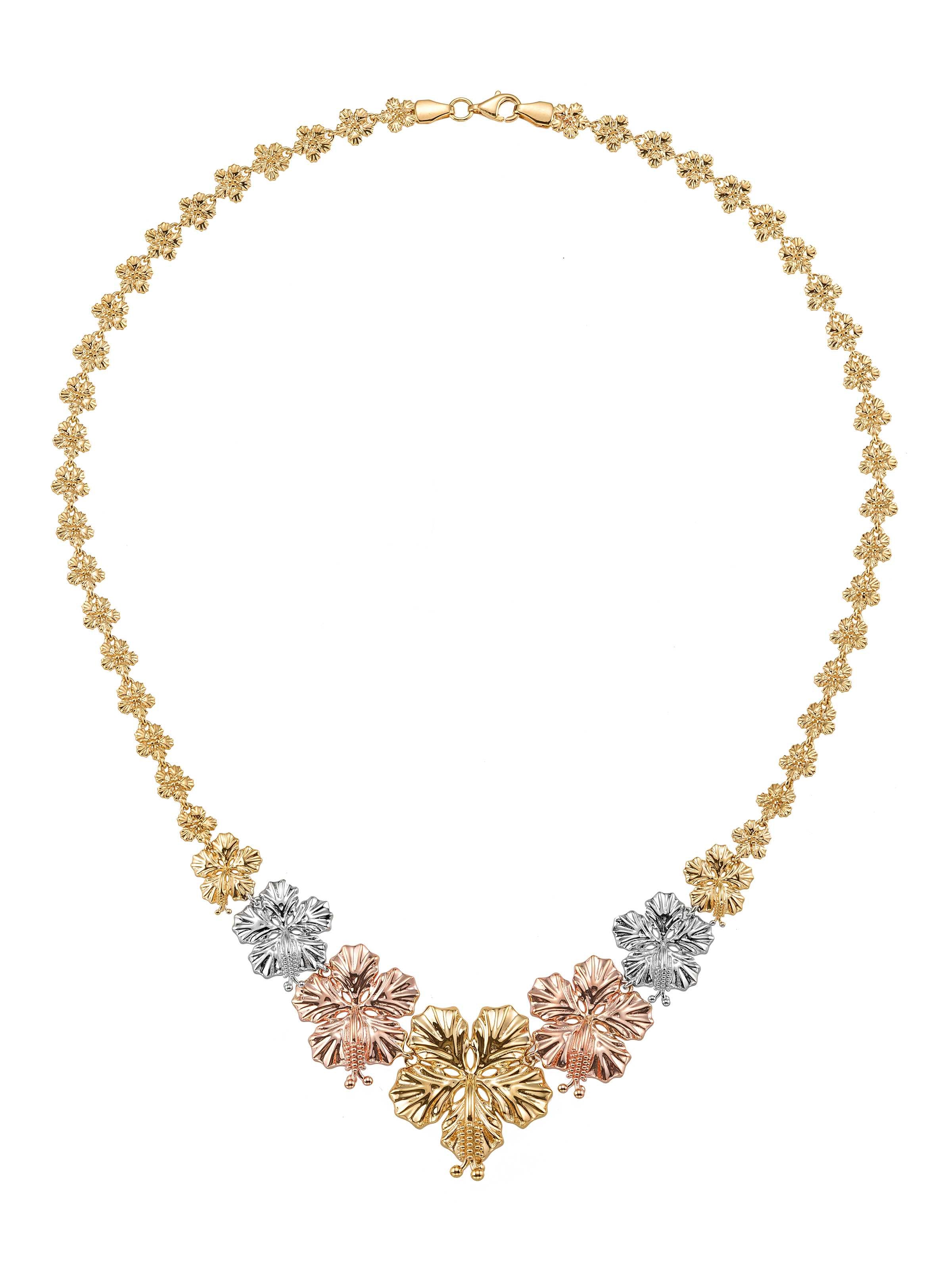 Tri-Color Flower Motif Sparkling Necklace in 14K Gold by Elef Jewelry