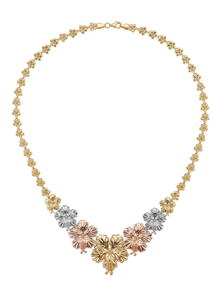 Tri-Color Flower Motif Sparkling Necklace in 14K Gold