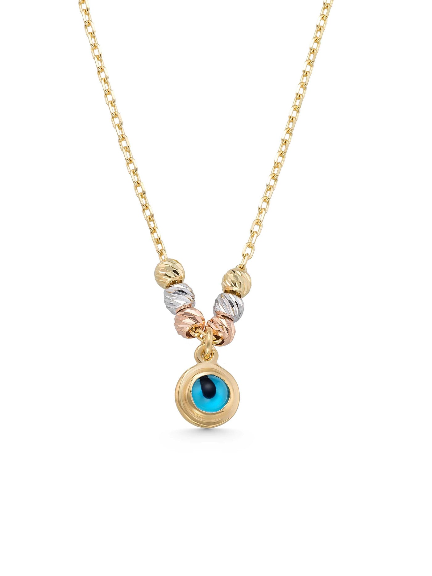 Tri-Color Dorika Bead & Evil Eye Beaded Necklace in 14K Gold by Elef Jewelry