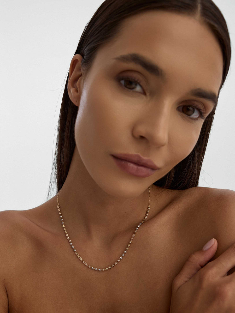 Tri-Color Row Dorika Bead Necklace in 14K Gold