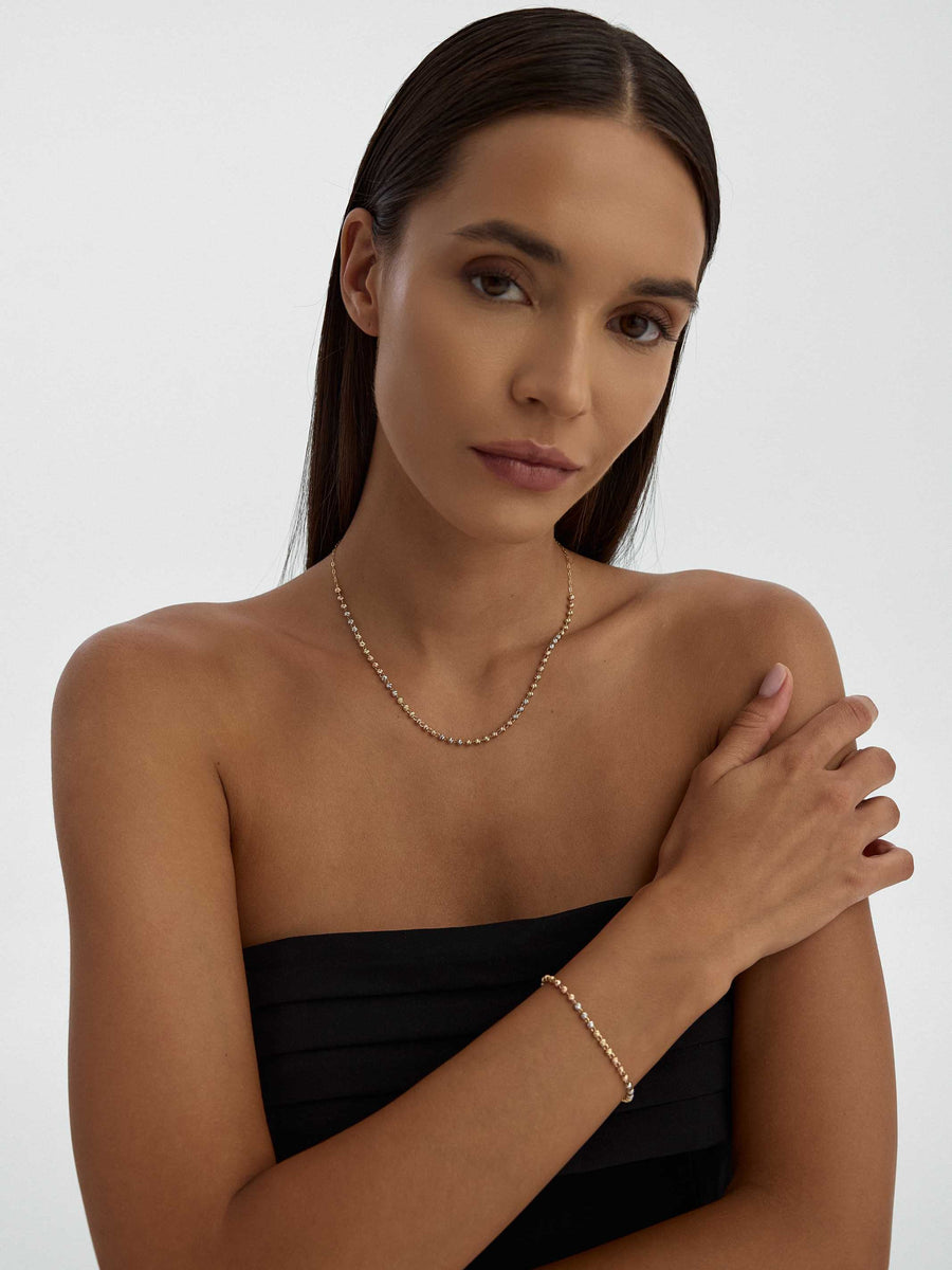 Tri-Color Row Dorika Bead Necklace in 14K Gold