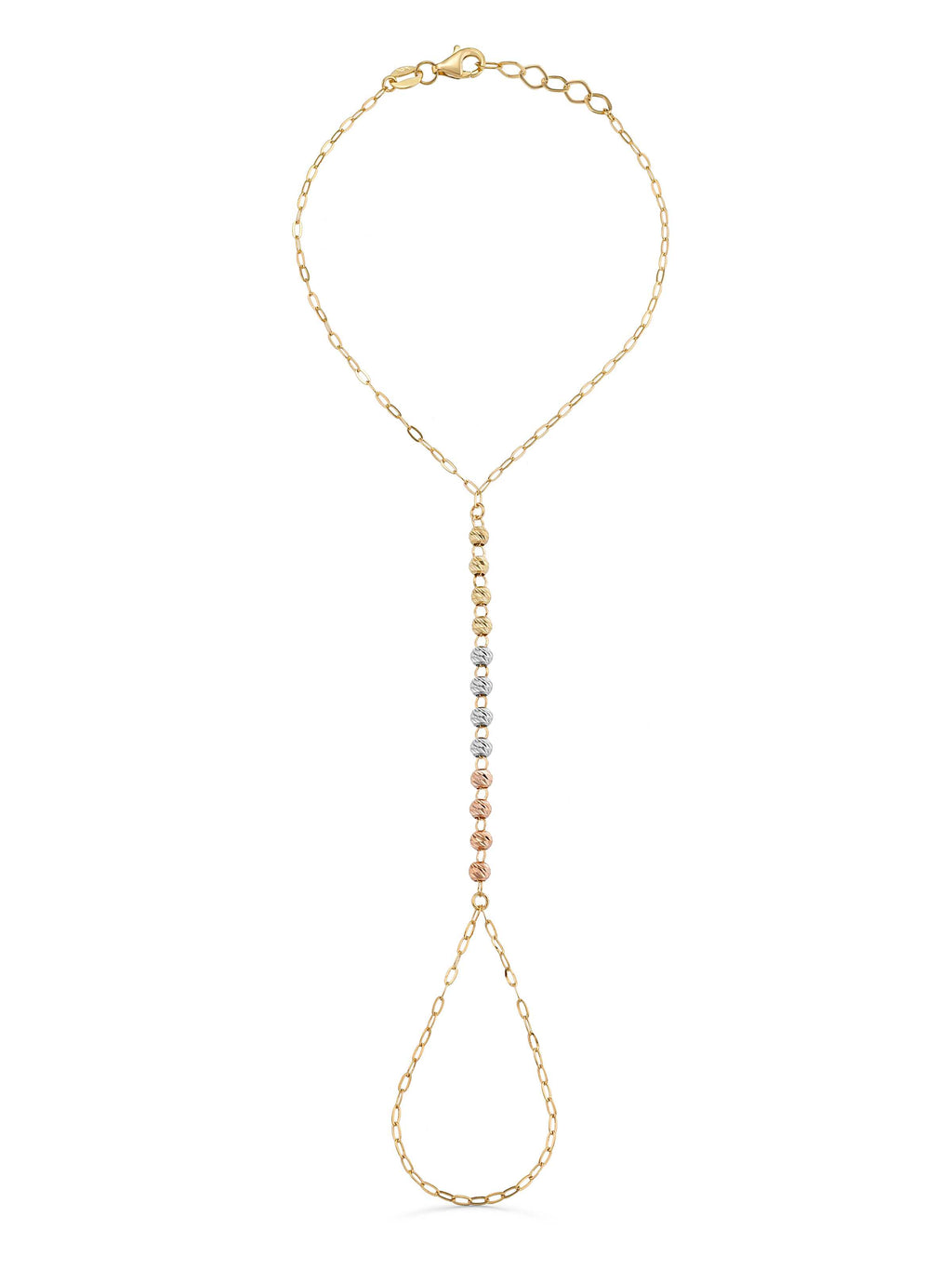 Tri-Color Row Dorika Bead Hand Chain in 14K Gold by Elef Jewelry